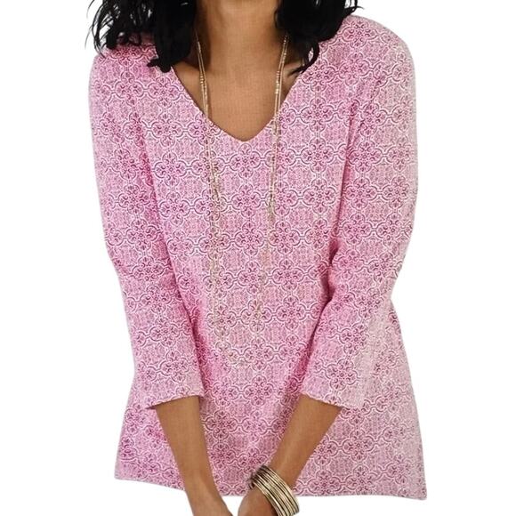 Chico's The Ultimate Tee Womens XL 3/4 Sleeve Shirt Medallion Long Tail Pink Top - Picture 1 of 8